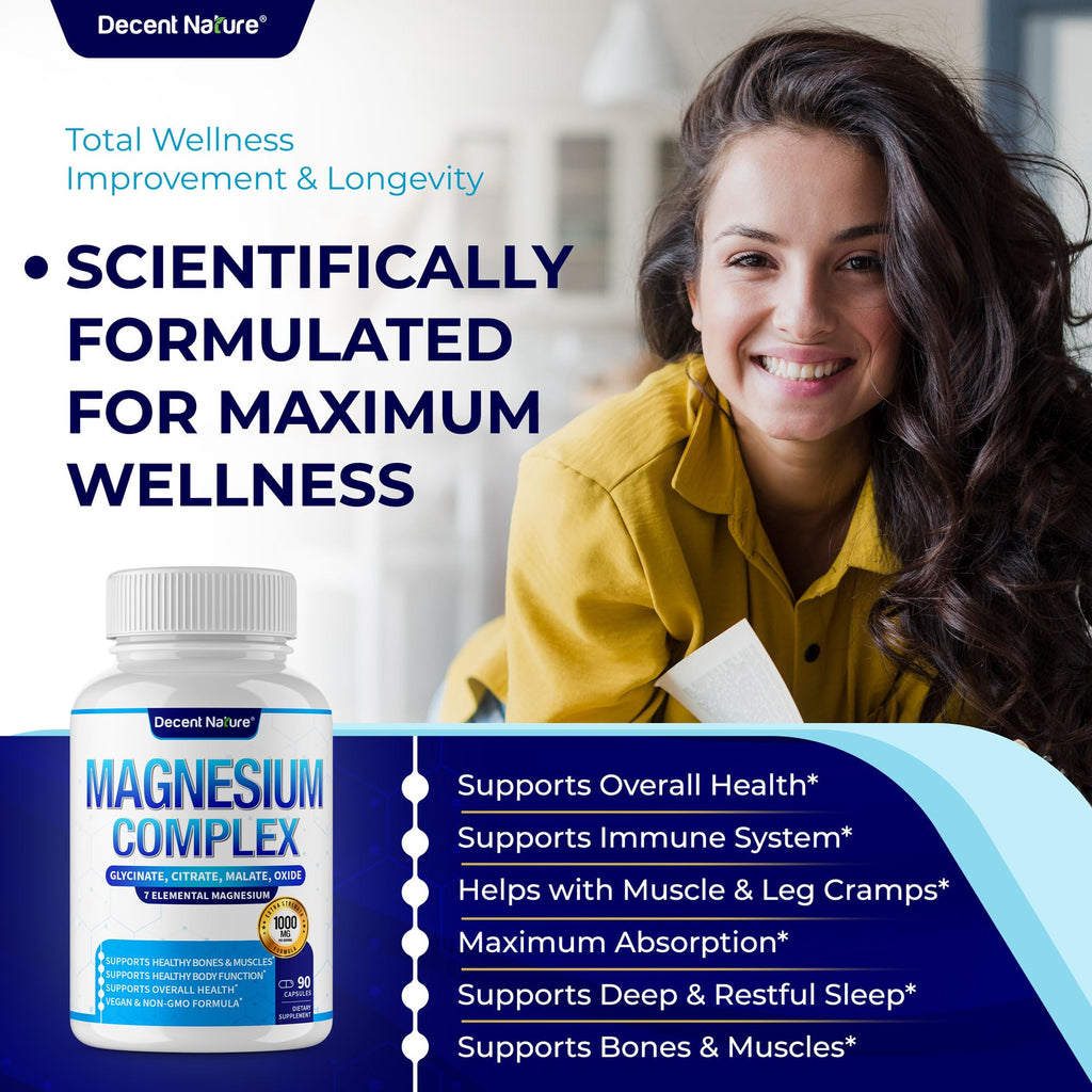 Magnesium Complex 7 Elemental Magnesium Supplement 1000mg – Magnesium Glycinate, Citrate, Malate, Taurate, Oxide, Aspartate, Orotate Non-GMO 90 Capsules