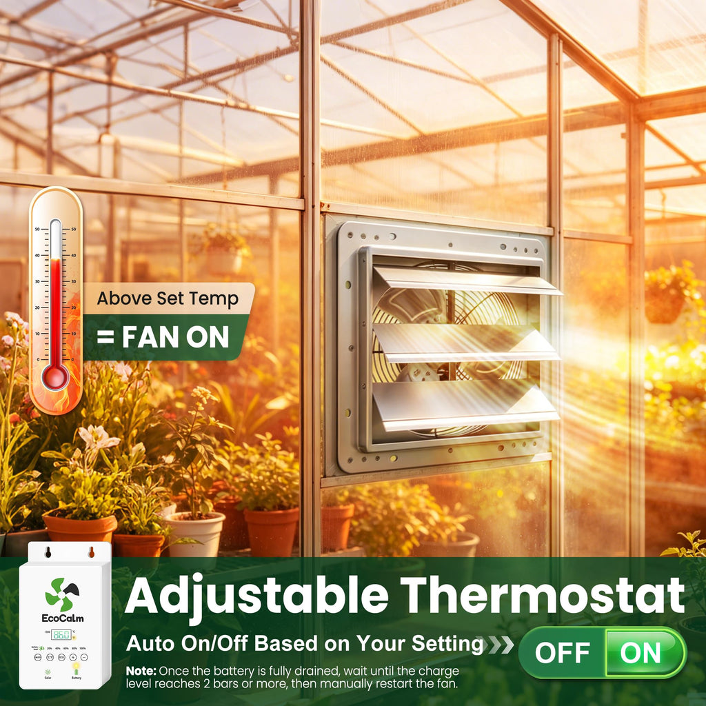 ecoCalm Solar Exhaust Fan 12“ for Greenhouse with Smart Thermostat, Battery