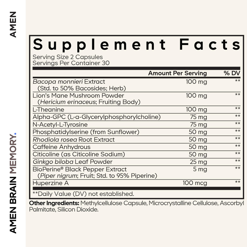 Amen Brain Memory Supplement- Bacopa, Lion’s Mane, Alpha-GPC, Citicoline, Phosphatidylserine, Rhodiola, Ginkgo, BioPerine, Huperzine A - NSF Certified Cognition & Mind Vitamins, Non-GMO - 60 Capsules