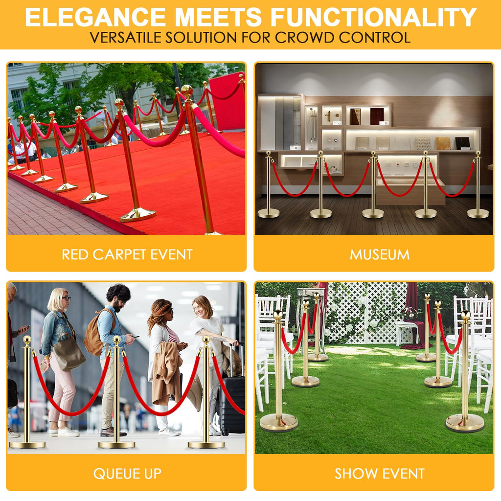LOVMOR 6PCS Gold Stanchion Posts Queue, 38 Inch Red Velvet Rope, 5 FT Red Carpet Ropes and Poles, Crowd Control Barriers Queue Line Rope, Barriers for Party Supplies