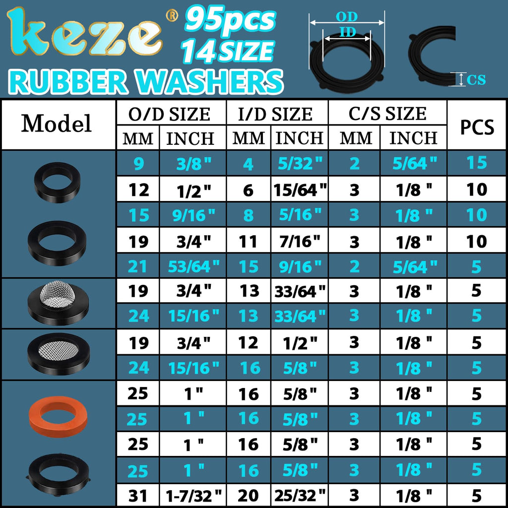 KEZE 780 PCS Rubber Washer Assortment Kit 14 Size Water Hose Washers and 18 Size Nitrile O Ring Washers Set for Outside Faucet Spigot Garden Hose Pressure Washer Plumbing Repair OD 5-33MM