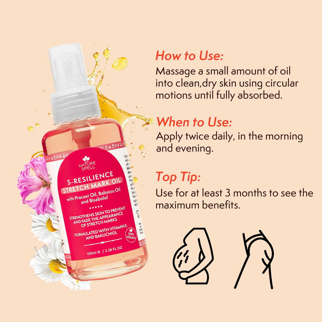 Nature Spell Stretch Mark Body Oil, Strengthens Skin Elasticity & Helps With the Appearance of Stretch Marks and Scars, Infused With Vitamin E, Vegan, 100ml