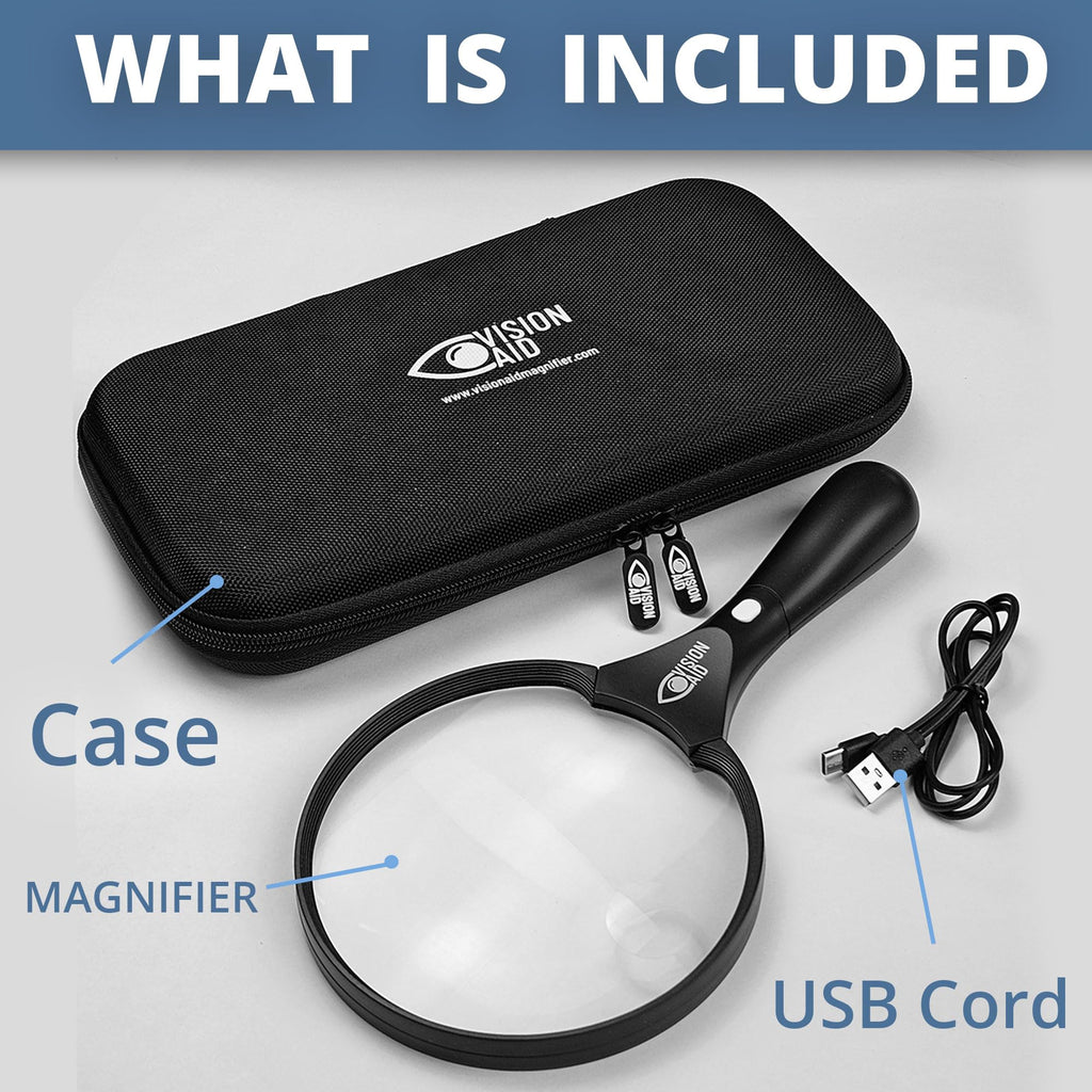 Large Magnifying Glass with LED Light (USB Rechargeable) and Hard Case, Handheld Illuminated Big Magnifier Loupe for Jewelry, Reading, Coins, Low Vision, Close Work
