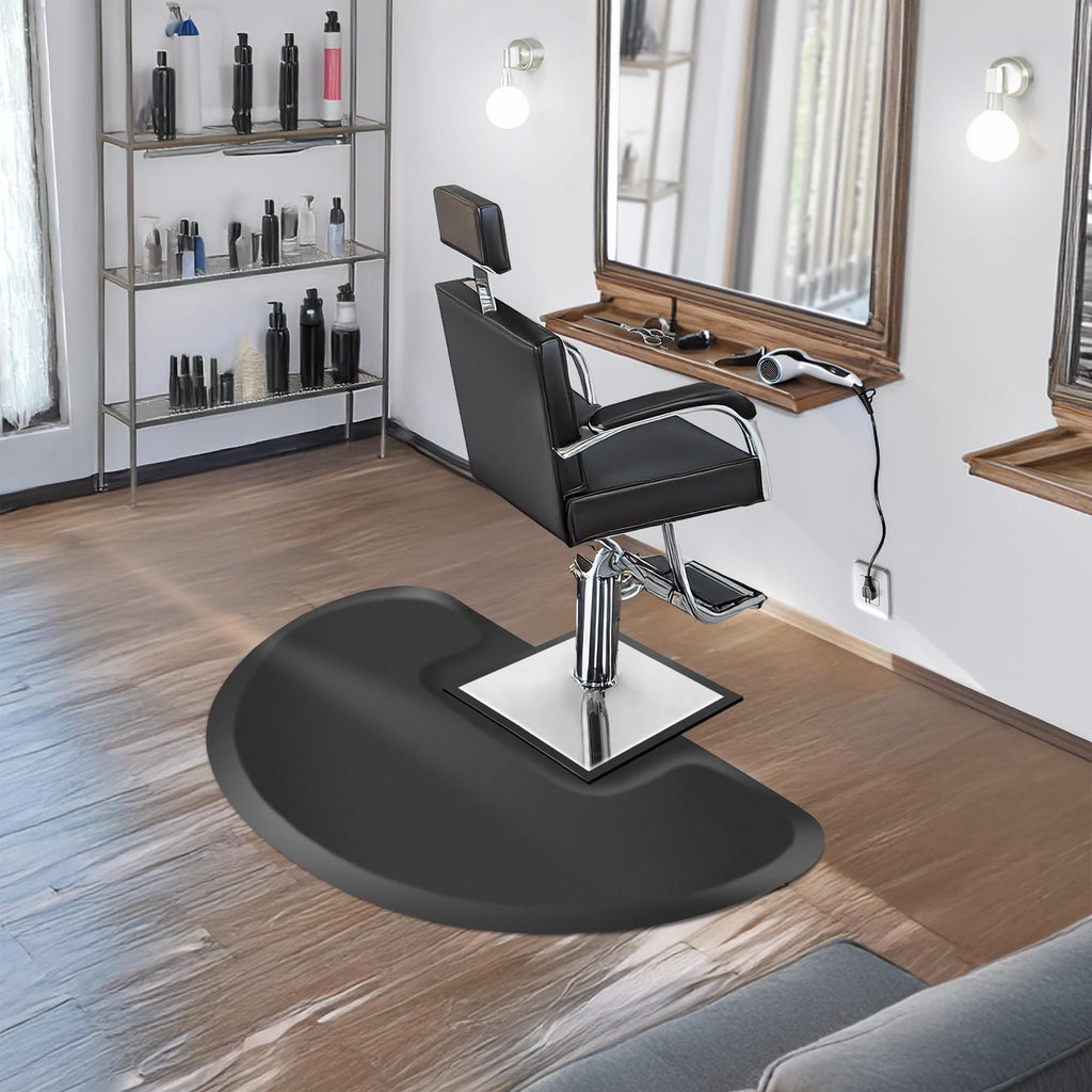 Saloniture 3 ft. x 5 ft. Barber & Salon Floor Mat for Square Chair Base - 1/2 in. Thick Black Semi-Circle Anti-Fatigue Stylist Station Mat