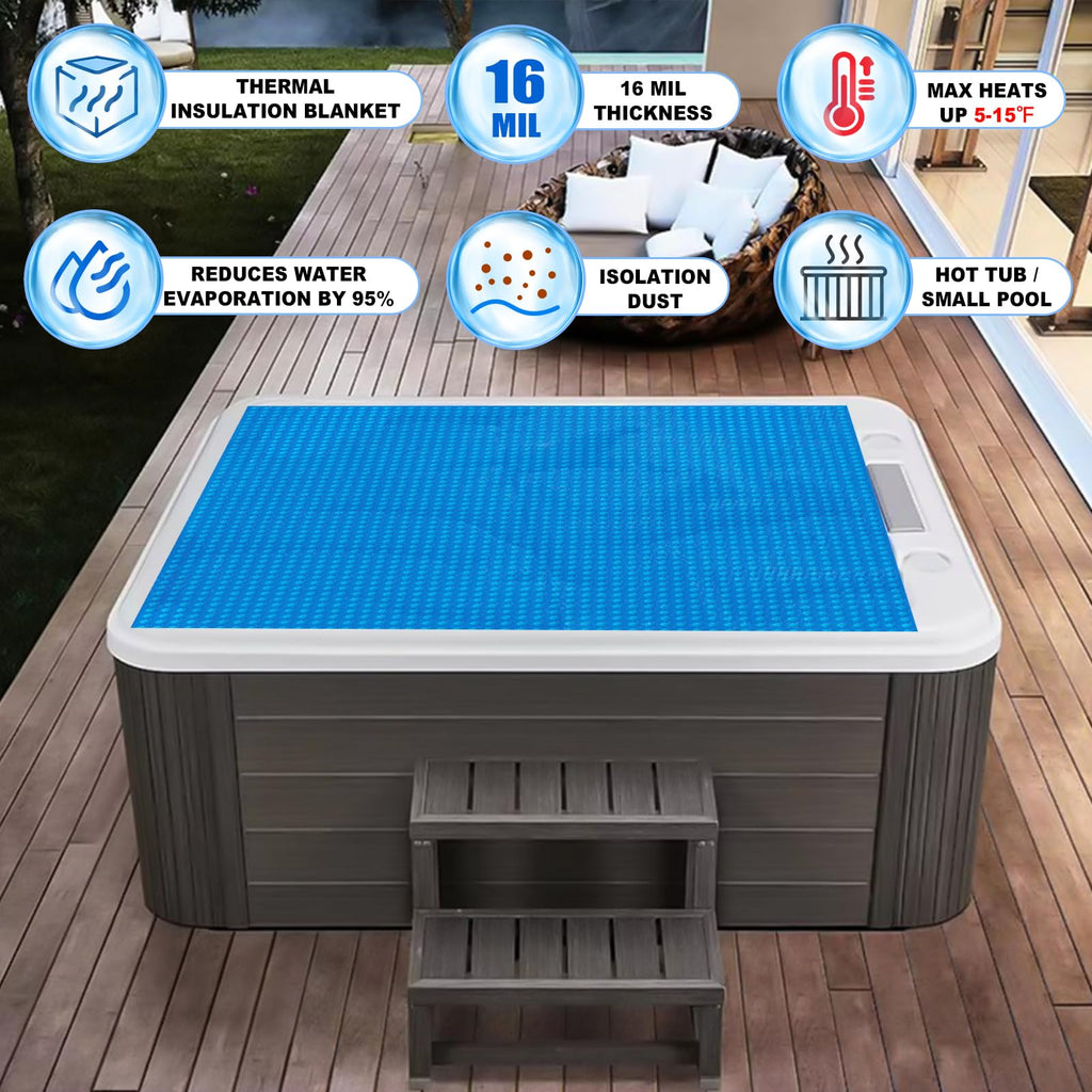 Kakolvan Solar Bubble Hot Tub Spa Cover for 4.5 x 4.5 FT Square Inflatable Swimming Pool Blanket Thermal Floating Insulation 16 Mil Bubble Solar Covers for Indoor Outdoor Spa Hot Tub Wrap Covers