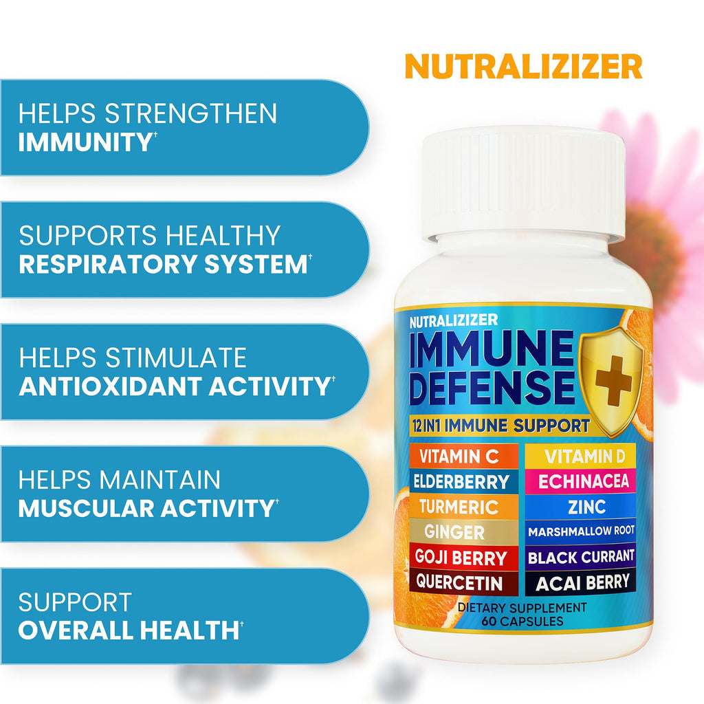 12 in 1 Immune Defense Vitamins - Immune Support Supplement w/VIT D3, Vitamin С, Zinс, Echinacea, Elderberry, Ginger &More - Natural Immunity System Booster - Immune & Muscle Health 120cs