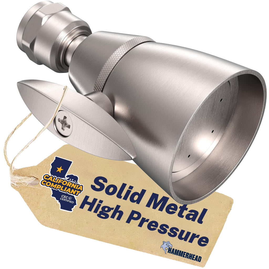 HammerHead Showers® SOLID METAL 2 Inch High Pressure Shower Heads BRUSHED NICKEL – California Compliant 1.75 GPM Low Flow Rate - High Flow Shower Head with ADJUSTABLE SPRAY PATTERN - Fixed Shower Head