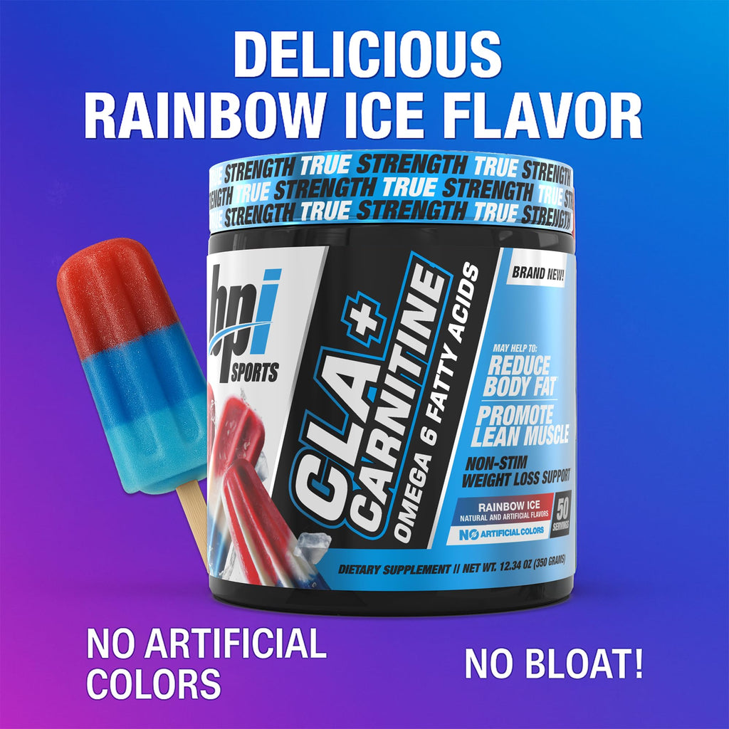 BPI Sports CLA+Carnitine – CLA L Carnitine & Linoleic Acid – L Carnitine Supplement for Weight Loss, Metabolism & Lean Muscle – Caffeine Free – Rainbow Ice – 50 Servings – 12.34 oz