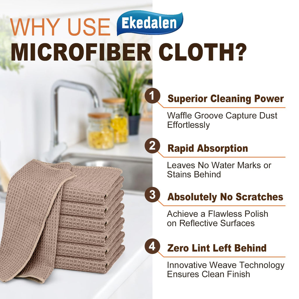 Ekedalen Microfiber Cleaning Cloth Waffle Weave for Dusting Absorbent Towel Quick Drying Dust Rags Household Kitchen, Lint Free Streak Free, 6 Pack,12 x 12 Inches, Khaki