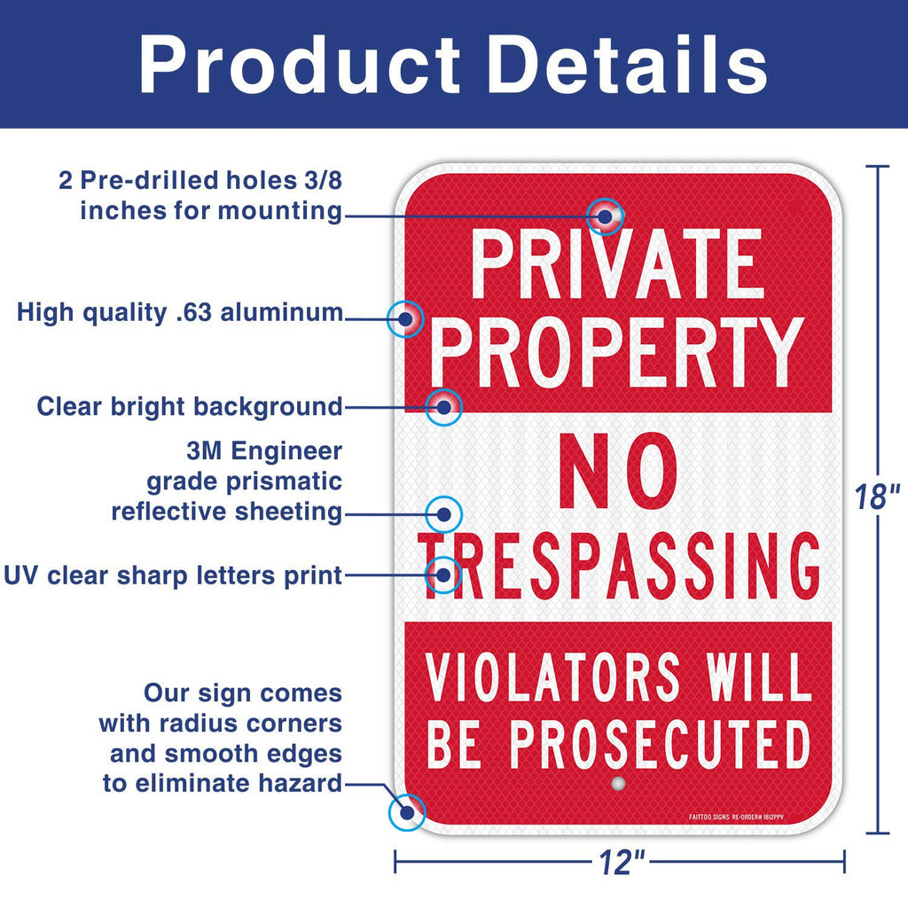 (2 Pack) Private Property No Trespassing Sign, Violators Will Be Prosecuted, 18 x 12 Engineer Grade Reflective Sheeting Rust Free Aluminum, Weather Resistant, Waterproof, Easy to Mount