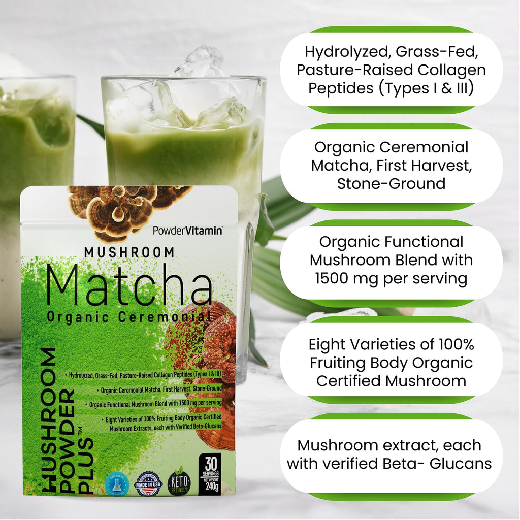 PowderVitamin Organic Ceremonial Mushroom Matcha Certified Pesticide-Free Grass-Fed Collagen Types I & III 8 Fruiting Body Mushrooms Tested for Beta-Glucans Focus Digestion & Immunity 30 Servings