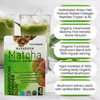 PowderVitamin Organic Ceremonial Mushroom Matcha Certified Pesticide-Free Grass-Fed Collagen Types I & III 8 Fruiting Body Mushrooms Tested for Beta-Glucans Focus Digestion & Immunity 30 Servings