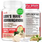 Ashwagandha & Lions Mane Supplements Capsules, Brain Supplements for Memory and Focus, Ashwagandha with Rhodiola Rosea for Cognitive, Immune Support, Cortisol Supplements for Women, 90 Capsules