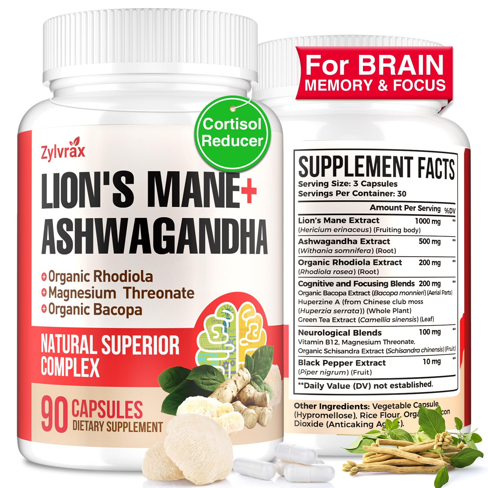 Ashwagandha & Lions Mane Supplements Capsules, Brain Supplements for Memory and Focus, Ashwagandha with Rhodiola Rosea for Cognitive, Immune Support, Cortisol Supplements for Women, 90 Capsules