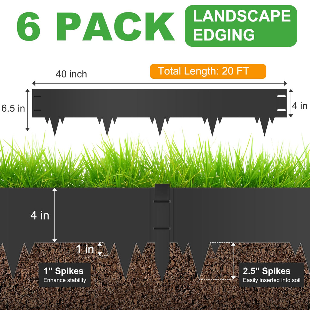 6-Pack Metal Landscape Edging (20ft Total), 40" x 6.5" Steel Garden Edging Border w/ 6 Stakes, Rustproof Hammer-in Edging for Landscaping, Lawn, Yard, Tree Rings, Flower Beds