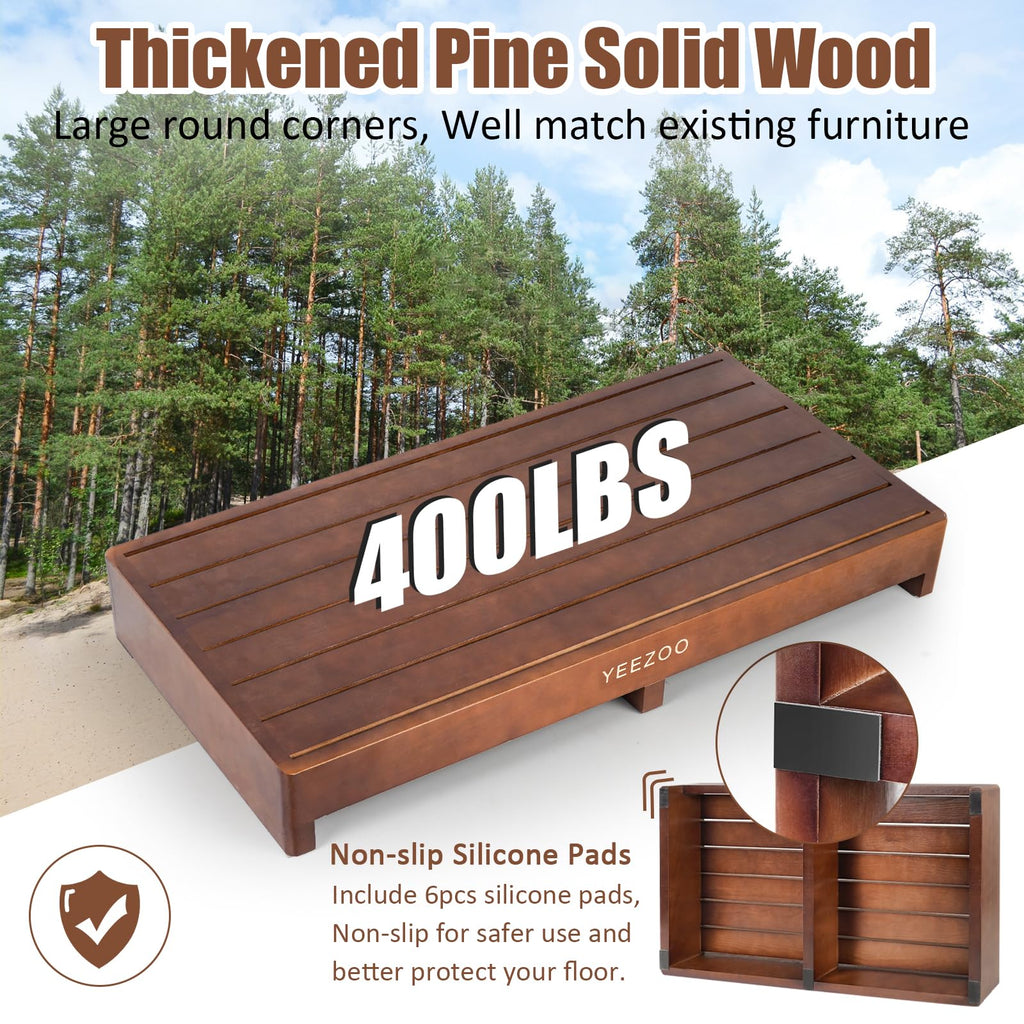 Wooden one Step Stool- Solid Pine Wood Step Riser with Non-Slip Pads, Wood Step Stool for Elderly Adults, high Bed, Bathroom, Kitchen (31.5" L*15.7" W*3.9" H, Brown, 400LBs Capacity)
