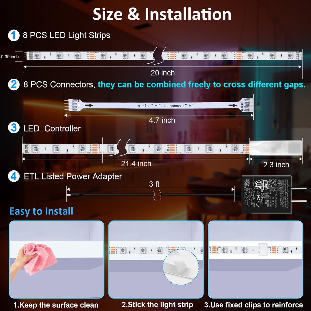 LAFULIT 8 PCS RGB Under Cabinet Lights Kit, App and Remote Control Led Strip Lights, Music Sync Color Changing Led Lights, Plug in Light for Cabinet, Counter, Shelf, Bookcase, 13ft