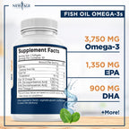 Triple Strength Omega 3 Fish Oil 3750 mg - EPA & DHA - Over 3000mg Omega-3 Fatty Acids - 1350mg EPA + 900mg DHA - Best Essential Fatty Acids, Burpless Fish Oil - 180 Count