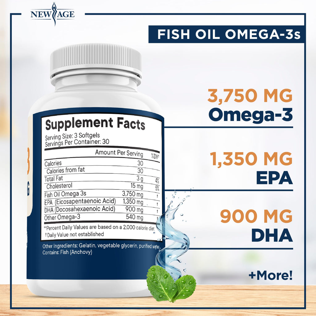 Triple Strength Omega 3 Fish Oil 3750 mg - EPA & DHA - Over 3000mg Omega-3 Fatty Acids - 1350mg EPA + 900mg DHA - Best Essential Fatty Acids, Burpless Fish Oil - 90 Count