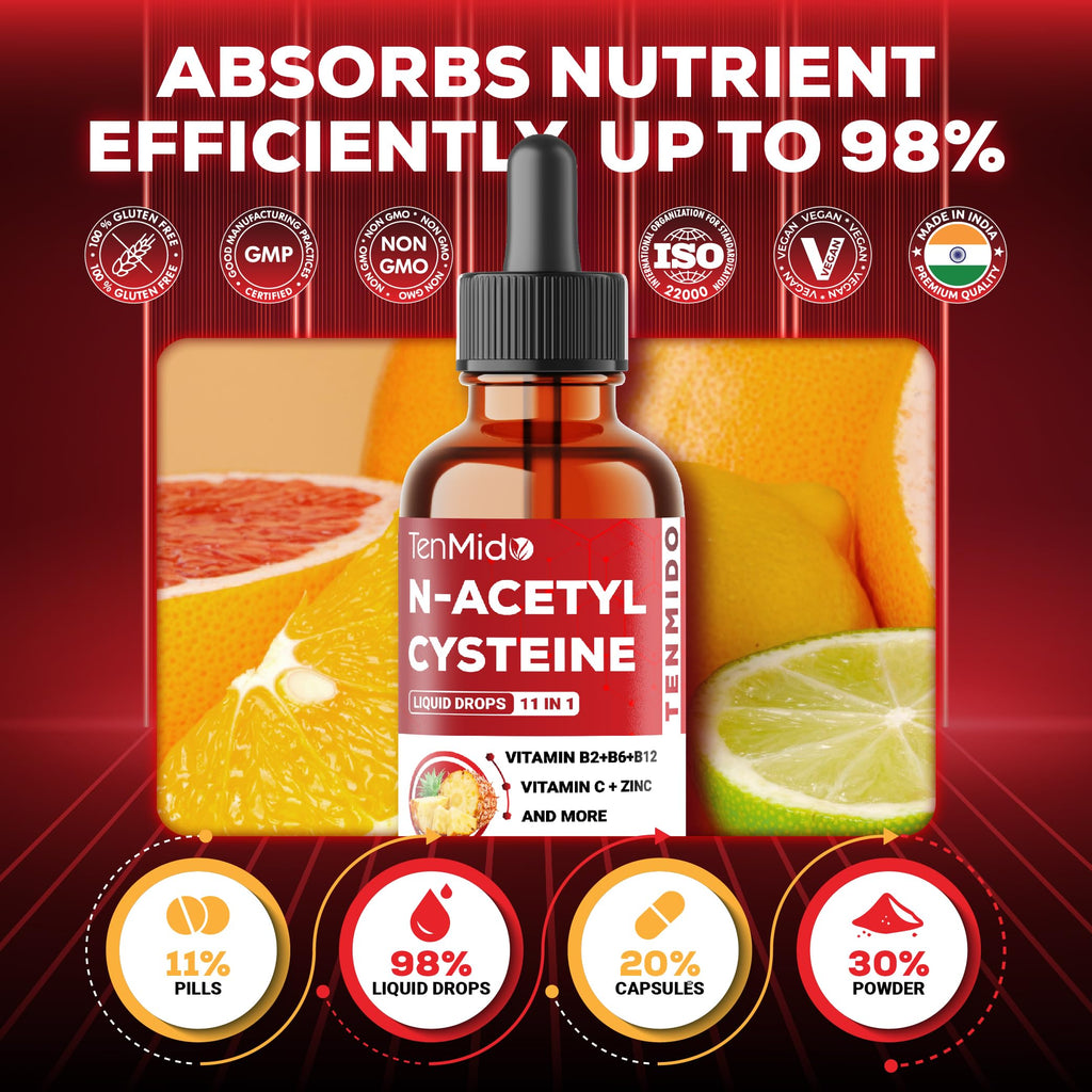 Tenmido 11in1 Nac Supplement N-Acetyl Cysteine Liquid Drops with Quercetin, B-Complex, Selenium, Glutathione, Bromelain, Milk Thistle, and More - 30ml 1 Fl Oz