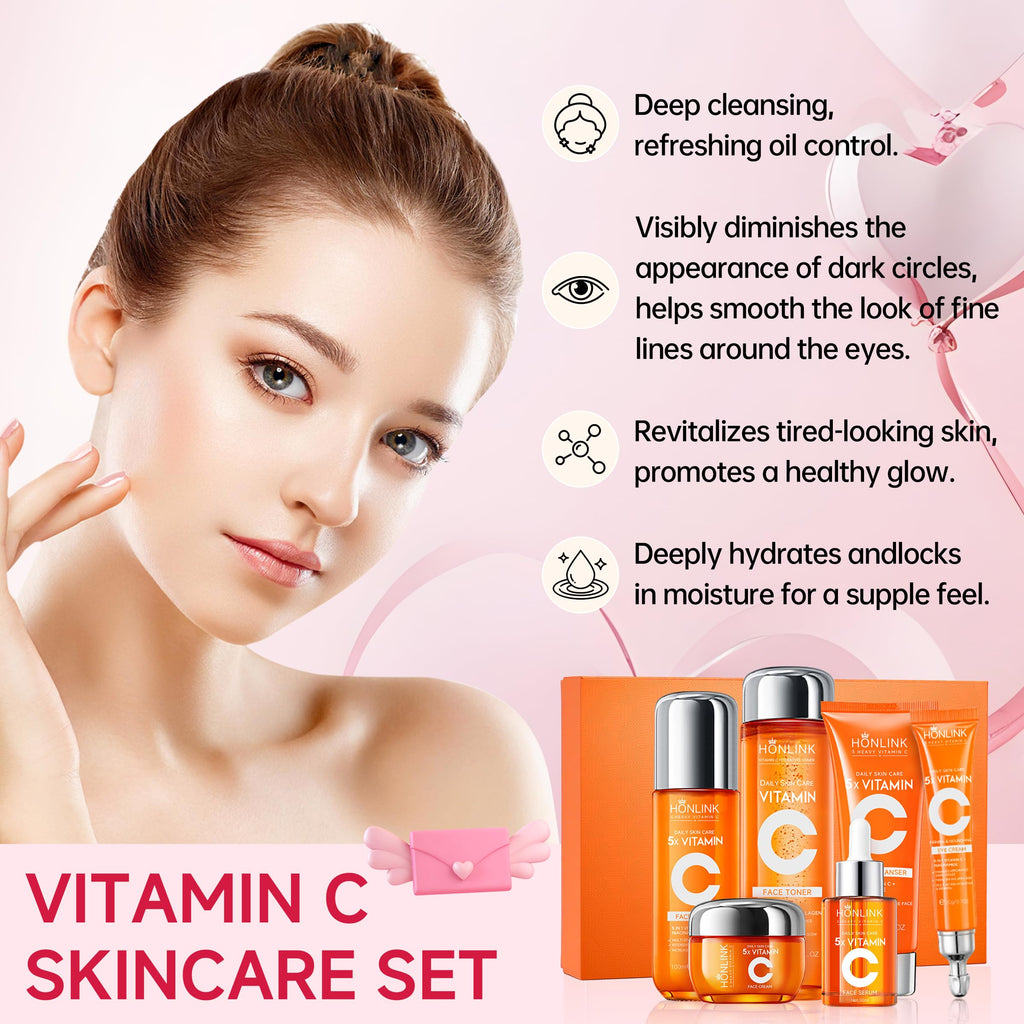 6-Piece Hydrating Skincare Set with Vitamin C & Niacinamide, Face Care Kit Includes Toner, Serum, Cleanser, Moisturizer, Eye Cream & Body Lotion | Valentine’s Day Gift for Women