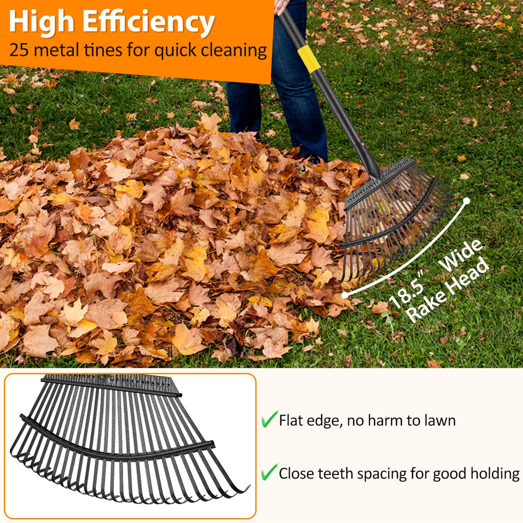Rake, Garden Rake for Leaves, Heavy Duty Metal Leaf Rakes with 37-65 inch Adjustable Steel Handle, 25 Tines 18" Wide Rake Garden Tools for Lawns Yard Flower Bed Grass Mulch Shrub Camping Gardening