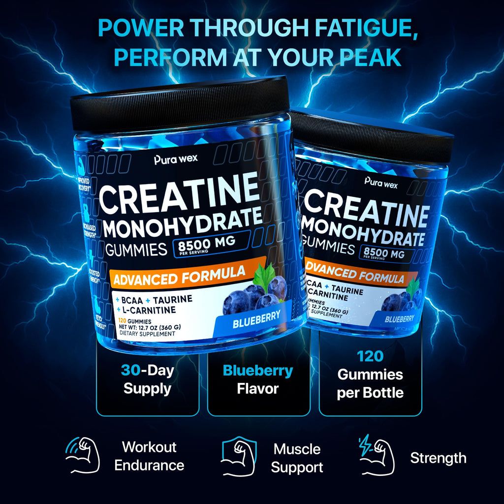 PURA WEX NUTRITION Creatine Monohydrate Gummies 8500mg Complex for Men & Women - Pre Workout Creatine Chews for Muscle Growth, Strength & Energy, Sugar Free, Vegan, Blueberry Flavor - 120 Count