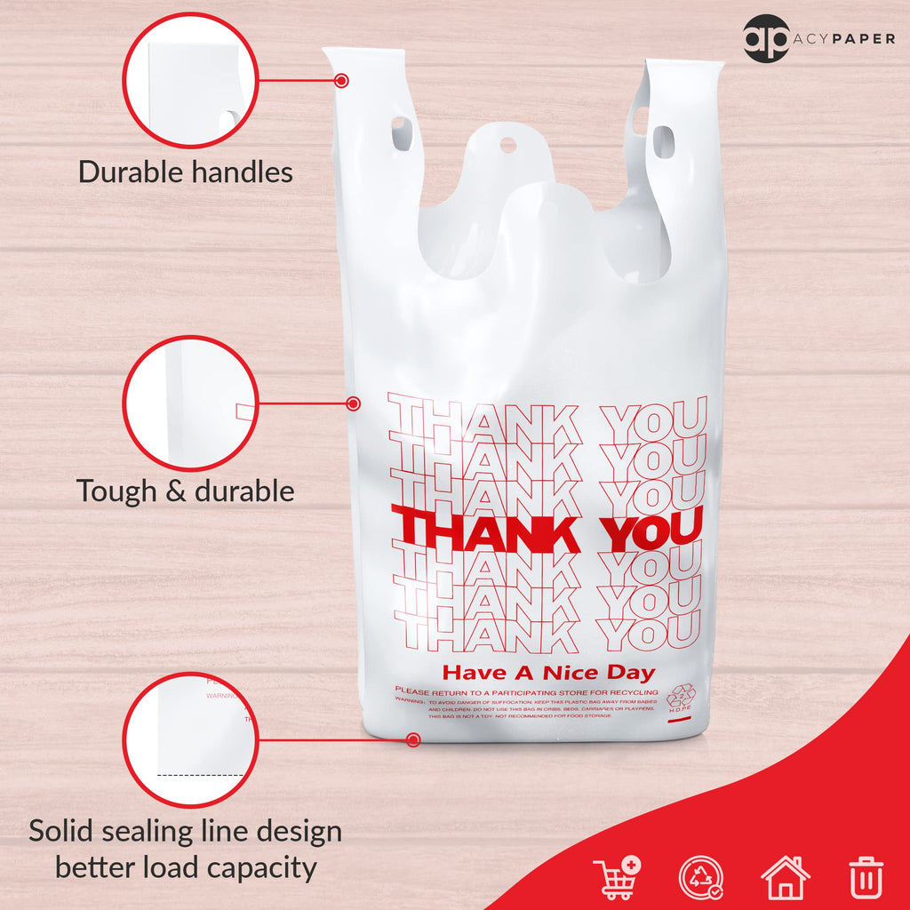 ACYPAPER, Thank You T-Shirt Bags (1000 Count), Plastic - T-Shirt Plastic Bags in Bulk - (11" x 6" x 21") White/Thank You - Bulk Shopping Bags, Restaurant Bag - 1/6 Barrel