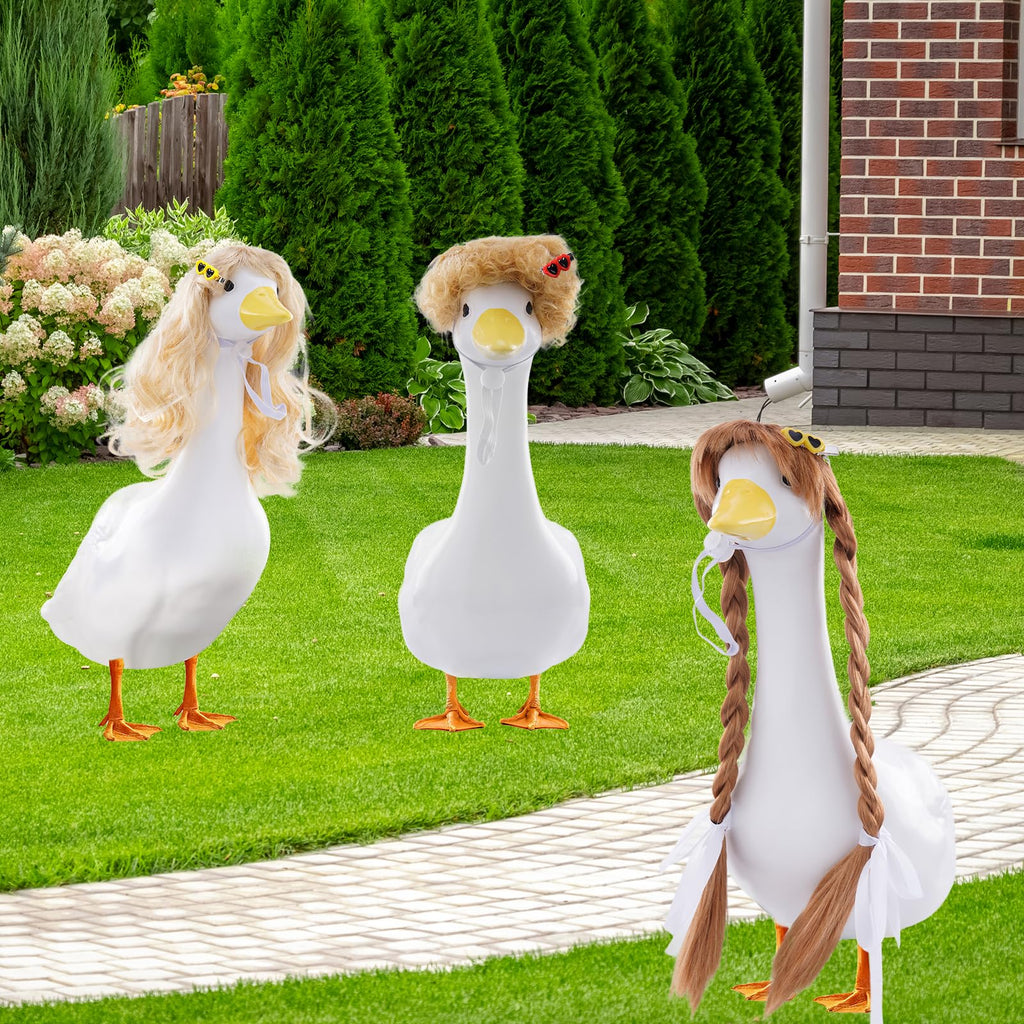 TAKEALOOKO 3 Pcs Porch Goose Wigs with Hair Clips - Cute Goose Outfits Braid Wig Accessories Garden Geese Statue for Funny Lawn Outdoor Patio Yard Goosey Decoration