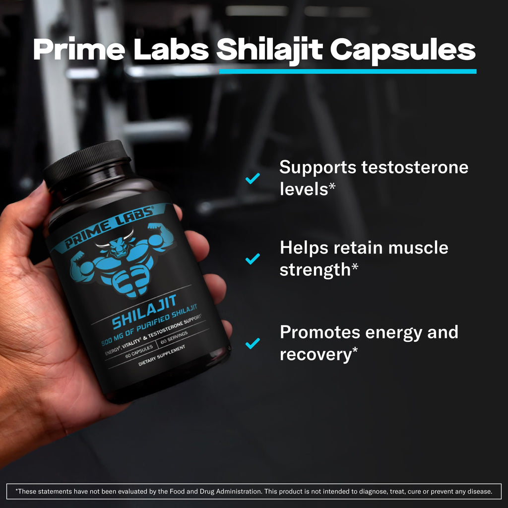 Prime Labs Shilajit Capsules for Men - 500mg Himalayan Shilajit (20% Fulvic Acid) - Energy, Vitality, Testosterone Support - Third-Party Tested, Made in the USA, Non-GMO - 60 Count, 60 Servings