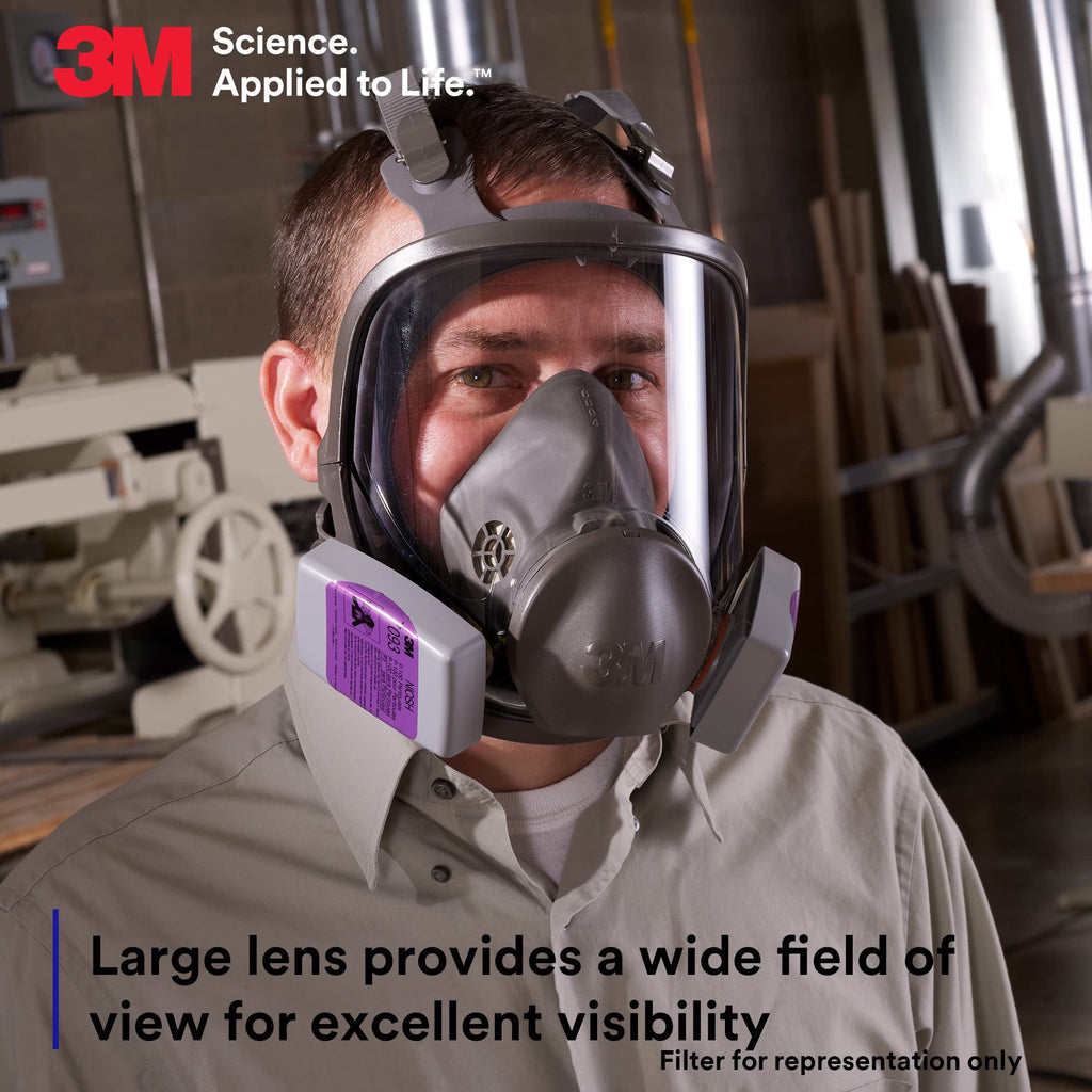 3M Full Facepiece Reusable Respirator 6900, NIOSH, Large Lens, ANSI High Impact Eye Protection, Silicone Face Seal, Four-Point Harness, Comfortable Fit, Painting, Dust, Chemicals, Large