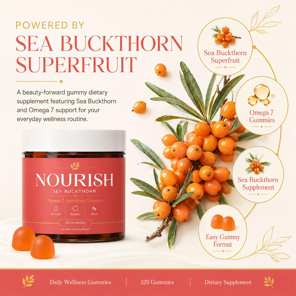 Nourish Sea Buckthorn Gummies, Gummies Sea Buckthorn Supplement with Omega 7 Superfruit Blend, Supports Skin Hydration & Radiant Glow, 120 Count, Orange