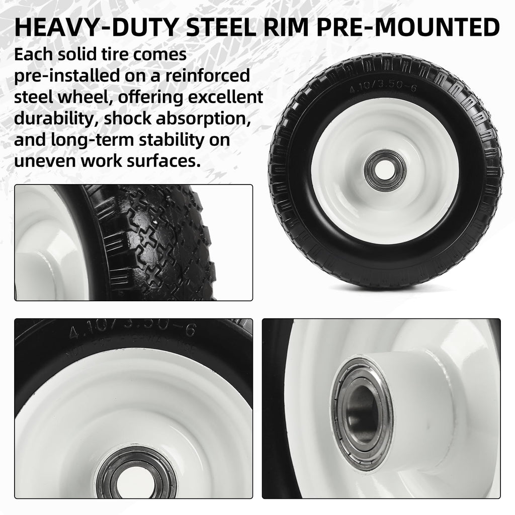AR-PRO (2-Pack) 12" Flat-Free Solid Tire and Wheel, with 3-3/4" Centered Hub & 1" Bore, Fits 25mm Axle Shaft, Replacement Heavy-Duty Trailer Dolly & Utility Cart Wheel Set