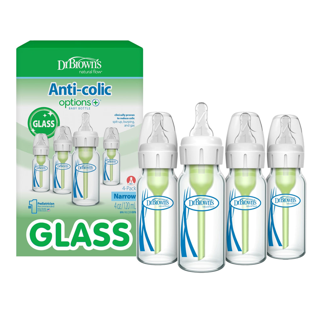 Dr. Brown's Anti-Colic Options+ Narrow Glass Baby Bottle, 4 oz/120 mL, with Level 1 Slow Flow Nipple, BPA-Free, 0m+, 4 Pack