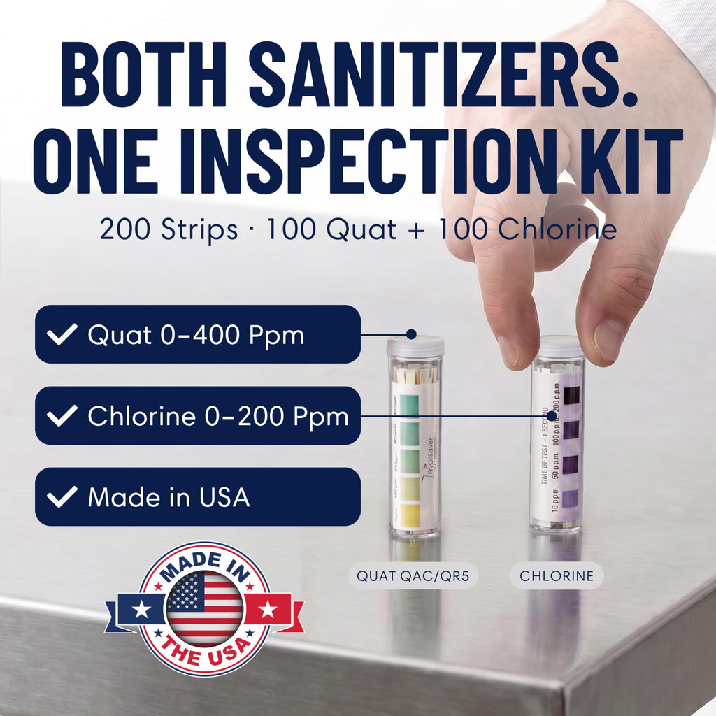 Restaurant Sanitizer Test Kit Combo, 2 x Vial of 100 Strips Each QR5 Quat Sanitizer 0-400PPM & Chlorine Test Strips 0-200PPM Testing Kit for Food Service, Bar & Restaurants Supplies by FryOilSaver Co.