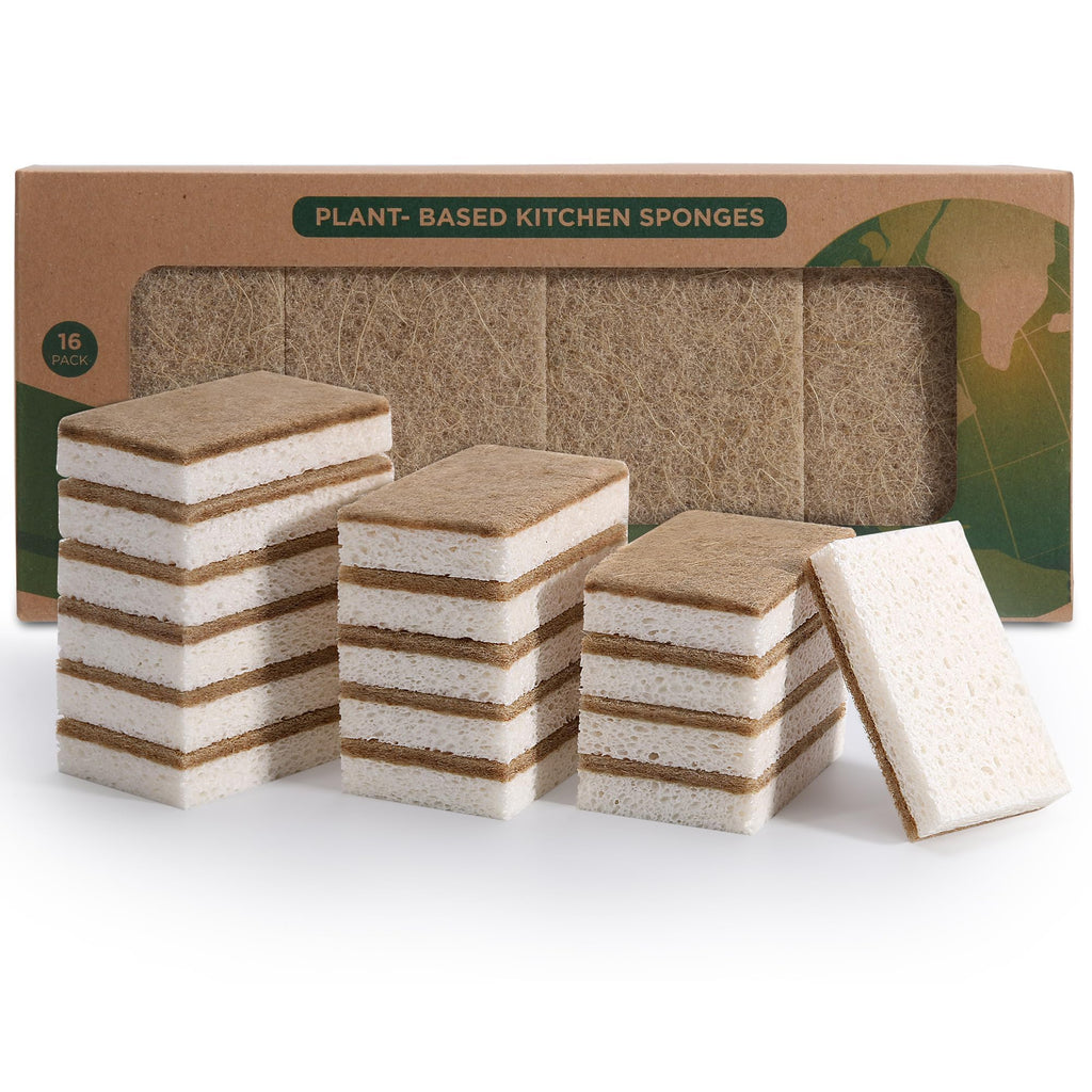 Natural Dish Sponges 16 Pack - Biodegradable Sponge Kitchen Compostable Cellulose Coconut Scrubber - No Scratch Cleaning Sponges