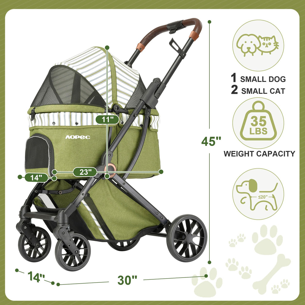 AOPEC Pet Stroller for Small Dogs & Cats – Easy One-Hand Fold, Supports Up to 35 lbs – Green
