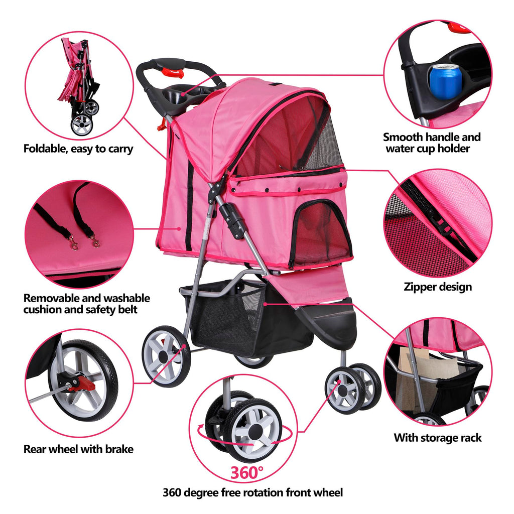 ZENY Foldable Pet Stroller, Cat/Dog Stroller with 3 Wheel, Pet Strolling Cart, Dog Travel Carrier with Storage Basket + Cup Holder (Pink)
