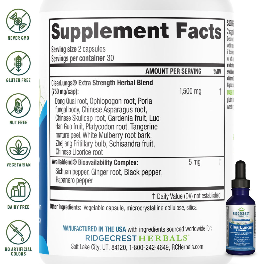 Ridgecrest Herbals ClearLungs Liquid Herbal Supplement, Orange Flavor Alcohol Free for Adults and Kids, Natural Lung and Nasal Wellness Formula for Bronchial and Mucus Support (2 fl oz, 29 Servings)