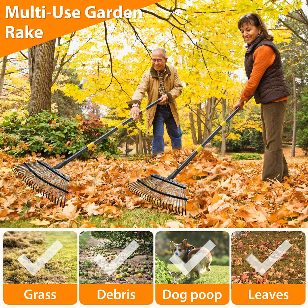 Rake, Garden Rake for Leaves, Heavy Duty Metal Leaf Rakes with 37-65 inch Adjustable Steel Handle, 25 Tines 18" Wide Rake Garden Tools for Lawns Yard Flower Bed Grass Mulch Shrub Camping Gardening
