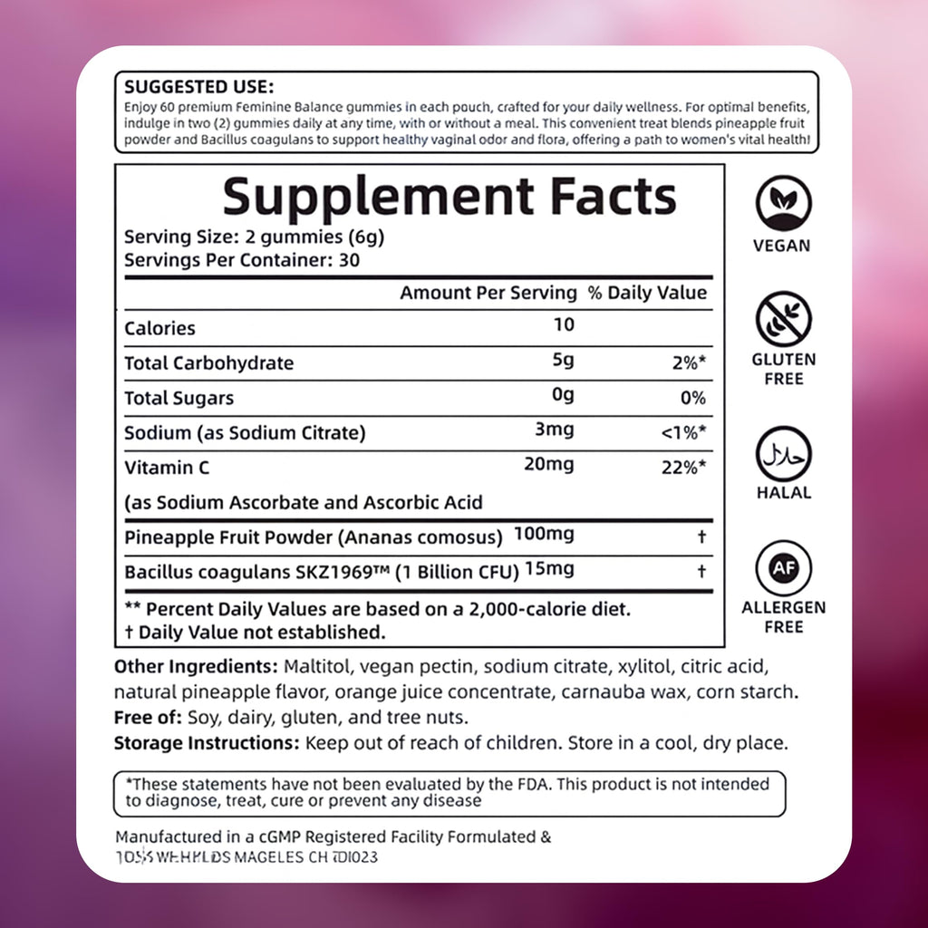 KXVUDE Nuora Feminine Balance Gummies, Premium Feminine Balance Gummies, Vegan Hawaiian Pineapple, Vaginal Health Support, Gluten-Free, 60 Gummies (1)
