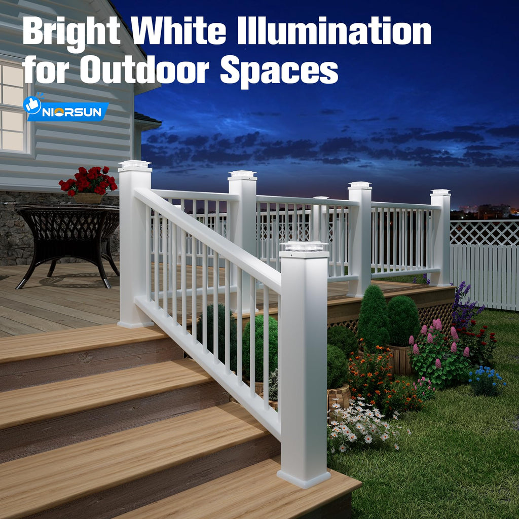 NIORSUN Solar Post Cap Lights Outdoor Waterproof, 4x4 Post Solar Lights 2 Color Modes, Fence Posts Solars Light for Deck Patio Garden Deco, 4x4 Posts Caps Wood Vinyl, 5x5 Vinyl, 6 Pack (White)