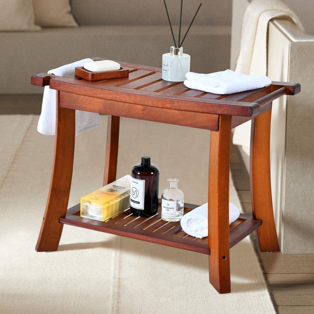 Jekruiet Teak Shower Chair Stool, 24" Shower Bench Seat, Wooden Bathroom Bench with Storage Shelf for Indoor & Outdoor Use