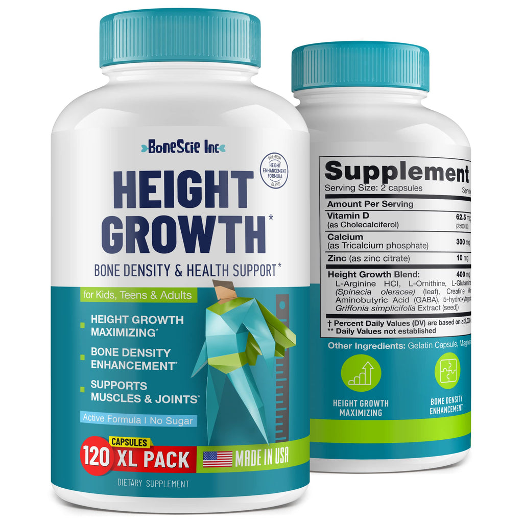 Height Growth Maximizer - Kids & Teens Height Growth Support Supplement – Bone Development Formula with Calcium, Vitamin D3 & Zinc – Daily Nutrition Support Capsules for Development Routine 120 Count