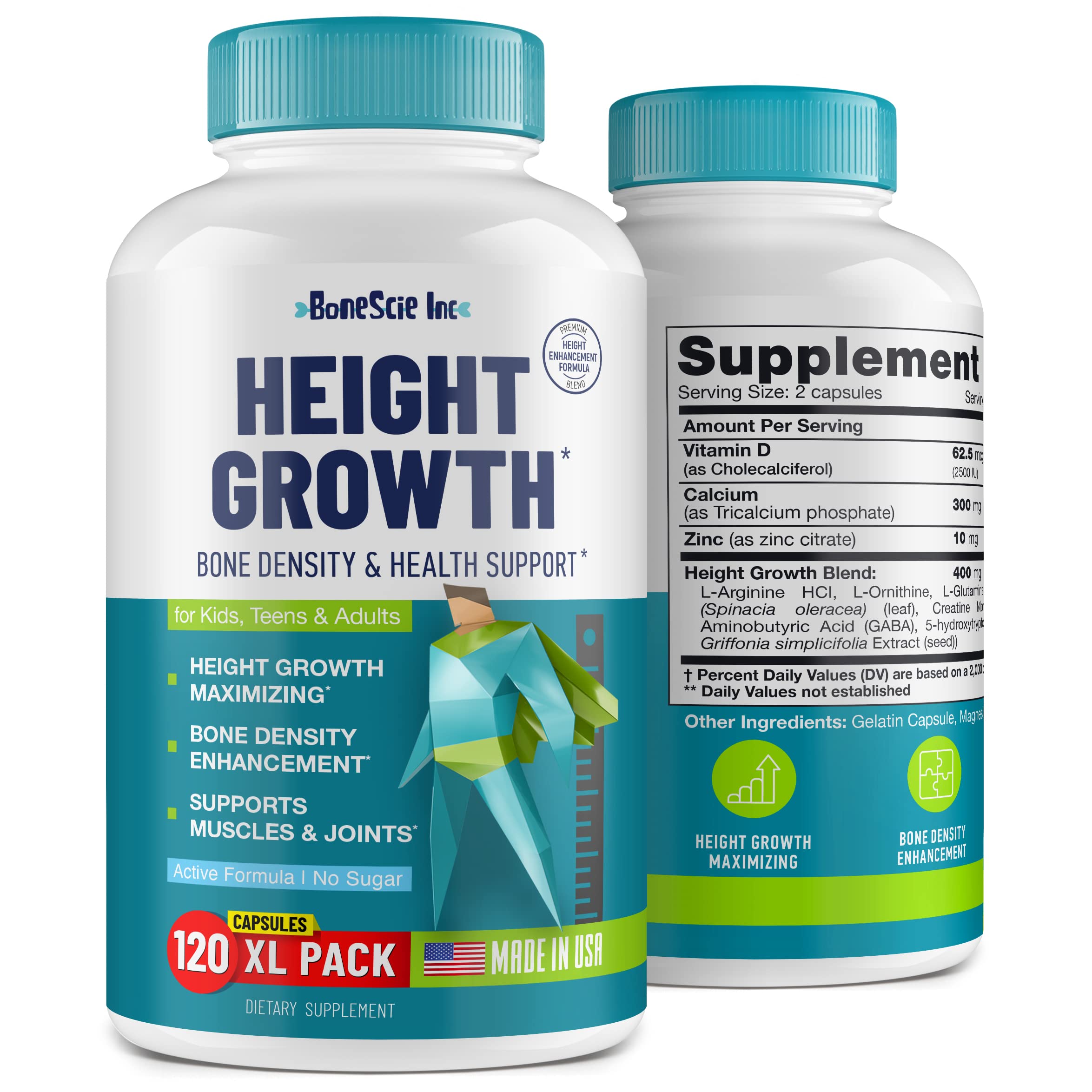 Height Growth Maximizer - Kids & Teens Height Growth Support Supplement – Bone Development Formula with Calcium, Vitamin D3 & Zinc – Daily Nutrition Support Capsules for Development Routine 120 Count