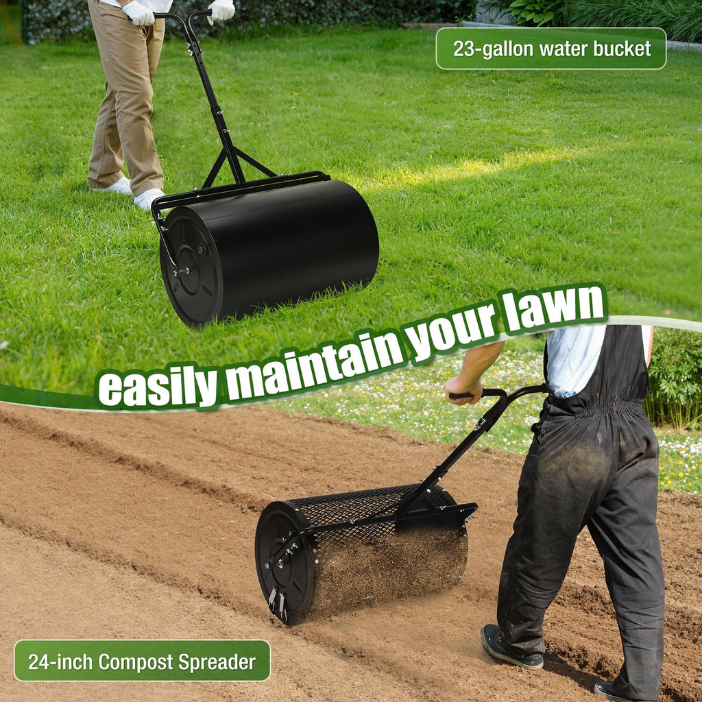 GADFISH 24 Inch Compost Spreader & Lawn Roller, Featuring One Mesh Roller and One 23 Gallon Hollow Roller, Push & Tow Design, Suitable for Lawn Maintenance and Peat Moss Spreader