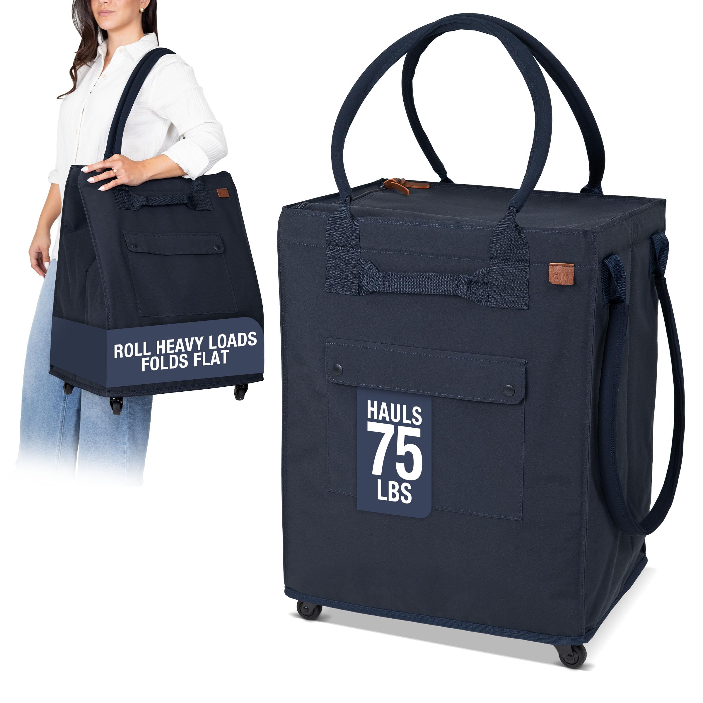 CleverMade Hauler Rolling Tote Bag, 90L Collapsible Portable Shopping Cart with Wheels for Groceries, Laundry, Organization – Utility Tote with 75 lb Capacity, Basket with Wheels, Leeward Navy