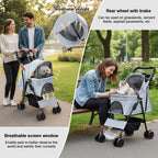 sxvbdway 4 Wheels Pet Stroller for Medium Small Dog up to 50lbs, Dog Cat Stroller, Outdoor Travel Pet Folding Strollers with Cup Holder, Detachable Carrier, Breathable Visible Mesh (Grey Upgraded)