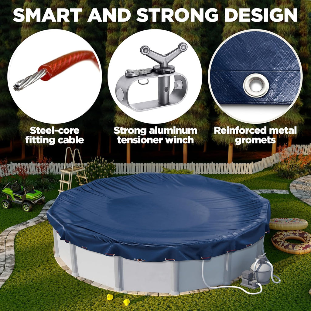 12 ft Round Pool Cover for Above Ground Pools, Above Ground Pool Cover, Swimming Pool Cover, Winter Pool Cover, Keeps Out Debris, Cold and UV Resistant, Supreme Mesh, Navy Blue