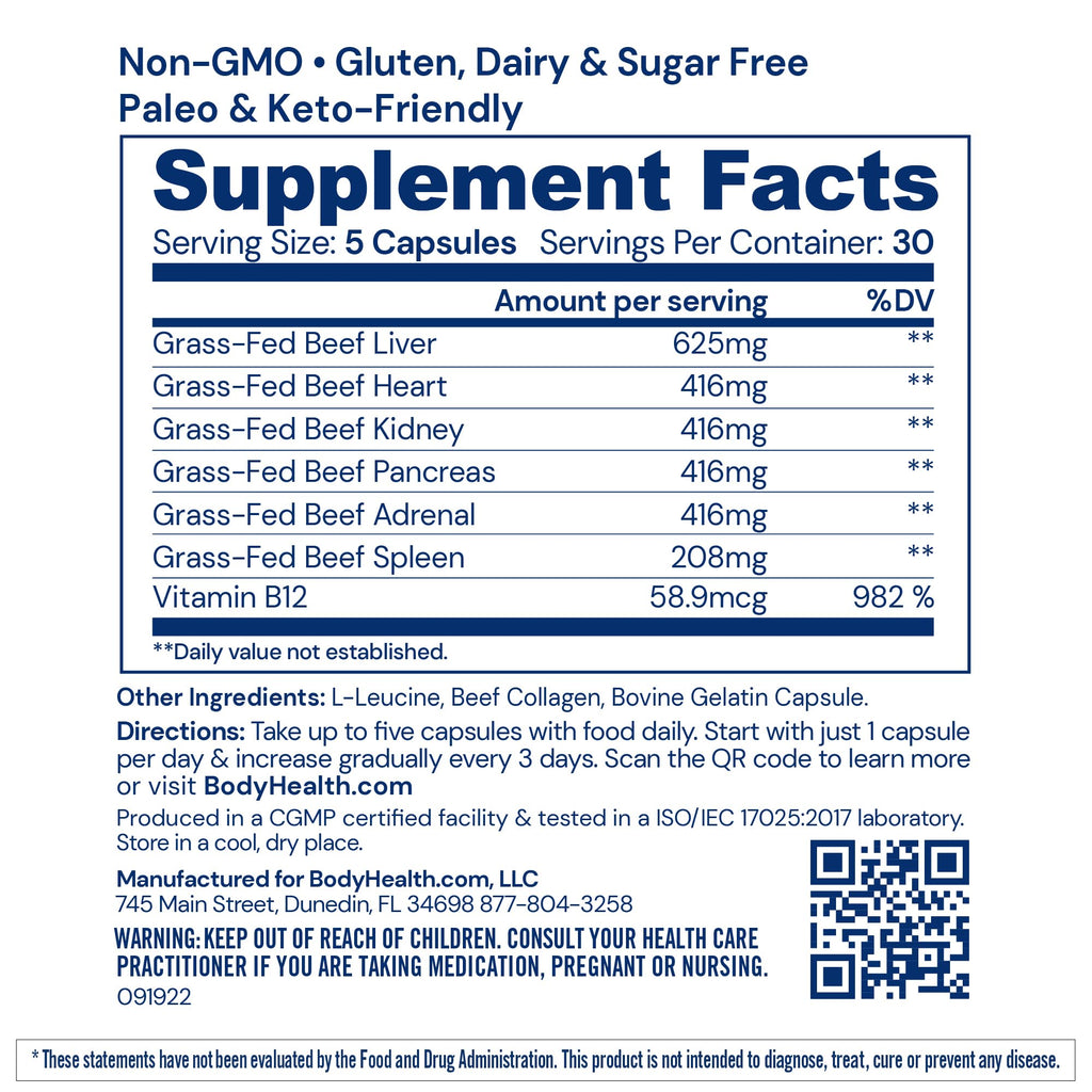 BodyHealth Organ+ Grass-Fed Glandular Organ Complex, Grassfed Beef Organ Supplement, Dessicated Beef Liver, Heart, Kidney, Pancreas, Spleen, Non GMO, Adrenal, Supplement, (150 Capsules)